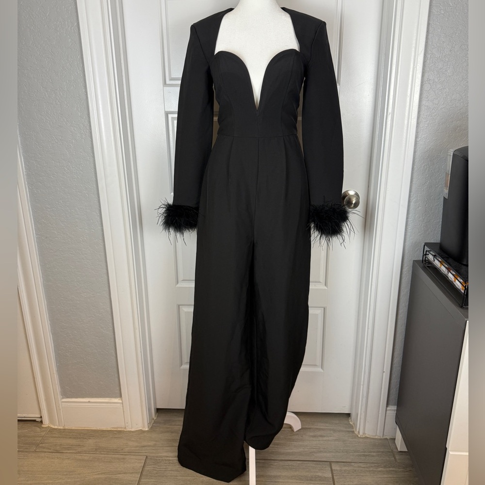 Club L London Portia black sweetheart plunge wide leg feather cuff jumpsuit US 4 - Picture 2 of 11